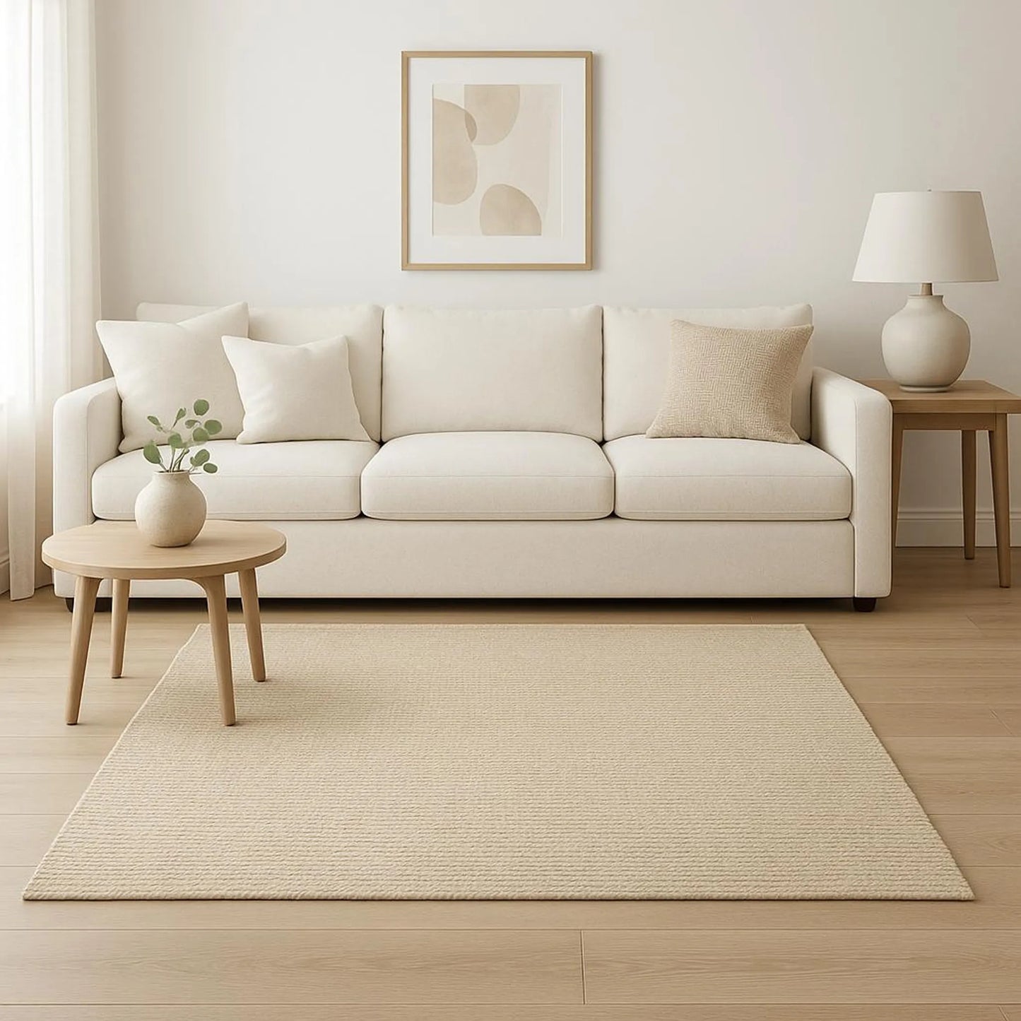 Modern living room with a beige sofa, jute rug, and side table.