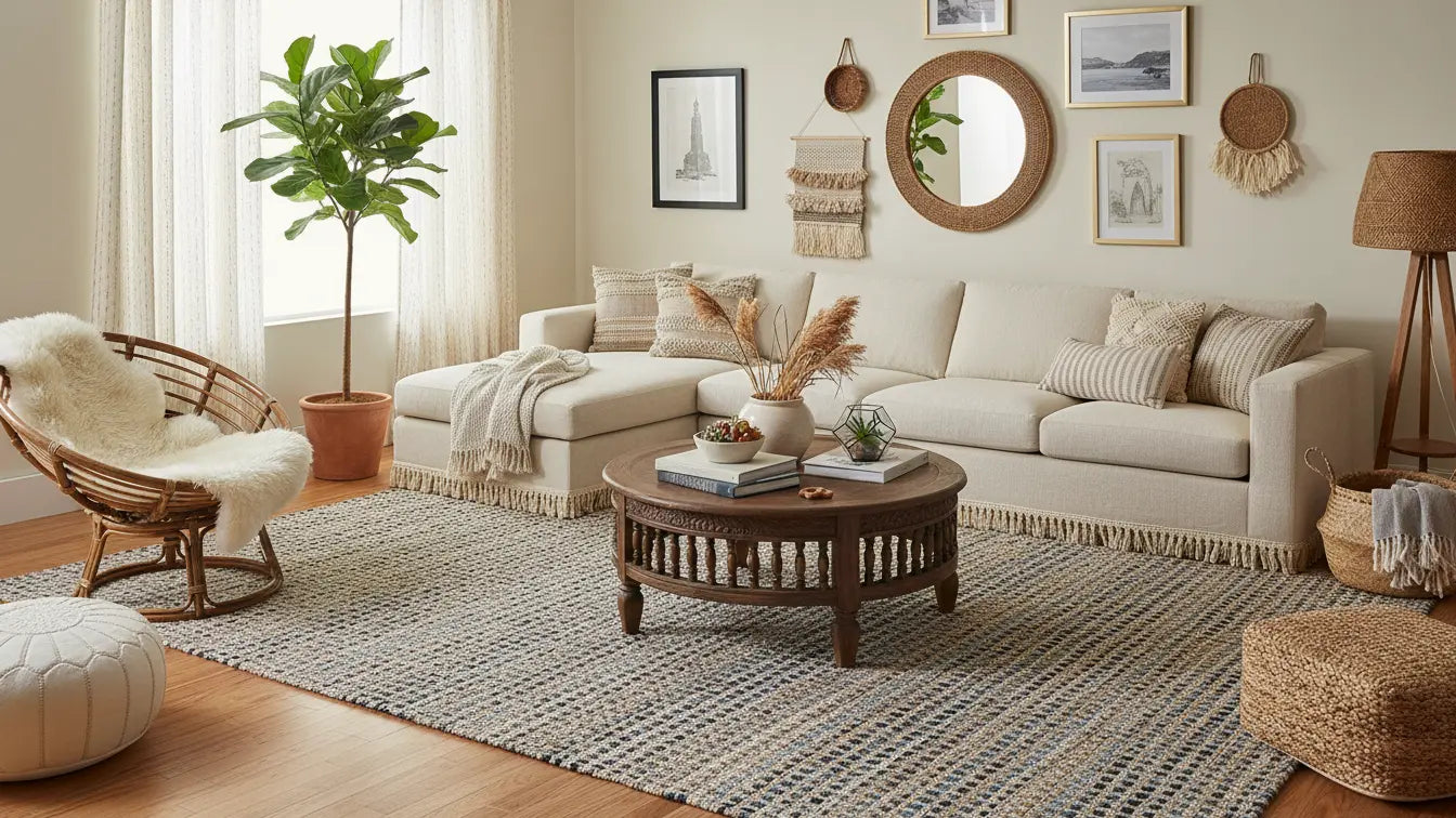 Cozy living room with beige sofa, wooden coffee table, decorative elements and blue and tan jute rug