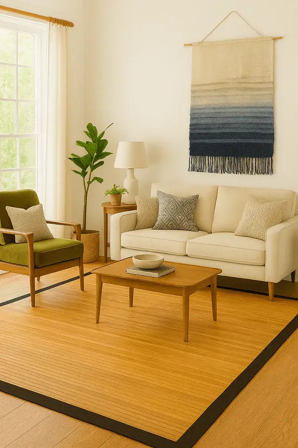 Living room with beige sofa, green armchair, wood coffee table, wall art, and light bamboo rug