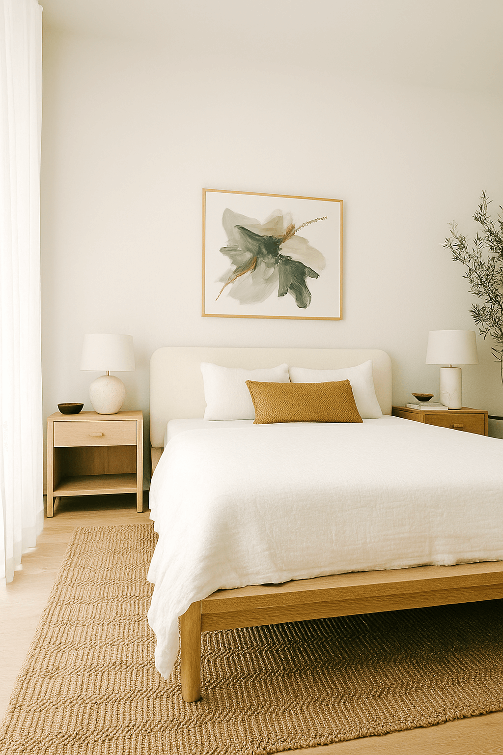 Neatly made bed with white bedding and a decorative pillow in a bedroom with a natural jute rug
