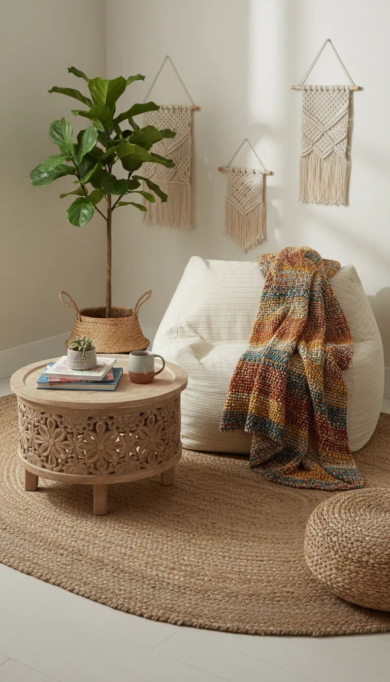 Living room with a white sofa, decorative plant, and patterned wall hangings.