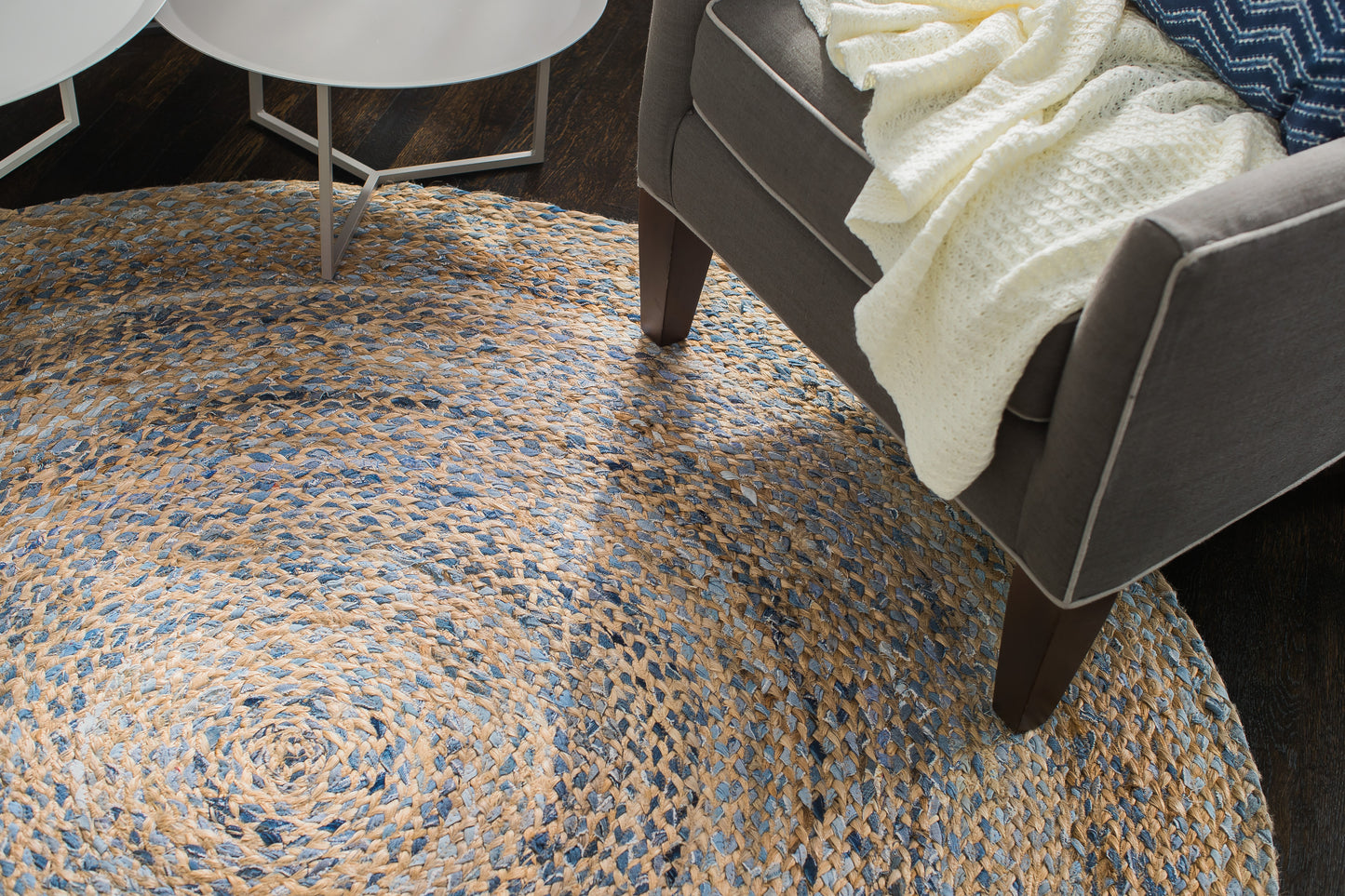 Kerala Hand Braided Denim & Jute Round Rug overhead view with chair and tables