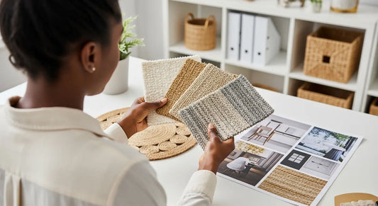 interior designer at desk considering rug samples 