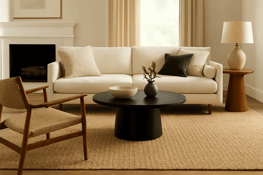 beautiful neutral tone living room with jute area rug