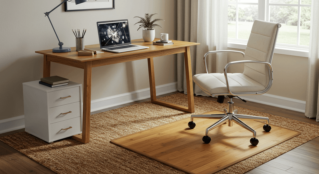 home office with a light wood desk and a white leather rolling office chair on a light wood bamboo chair mat