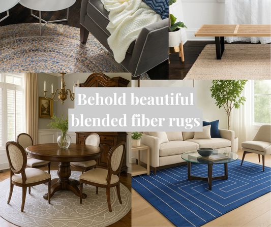 a collage of room scene images featuring blended natural fiber area rugs with wool, cotton, jute and silk