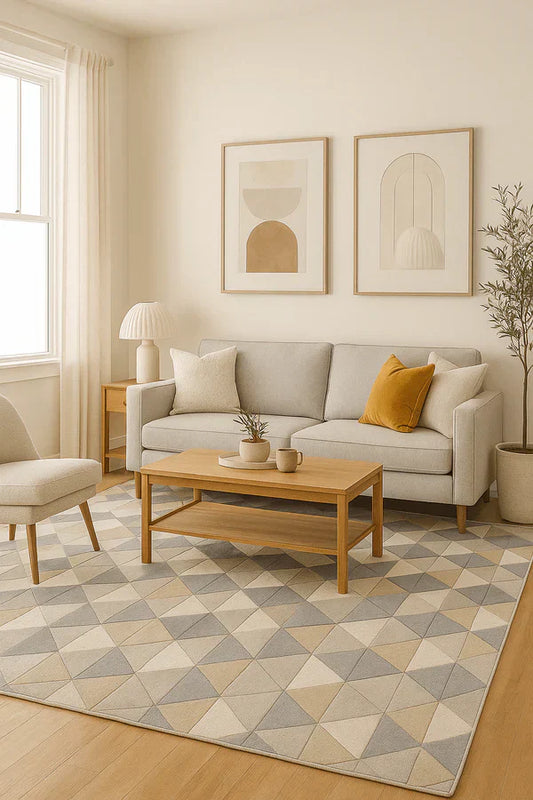 sunny cozy living room with geometric tan, ivory and gray wool area rug