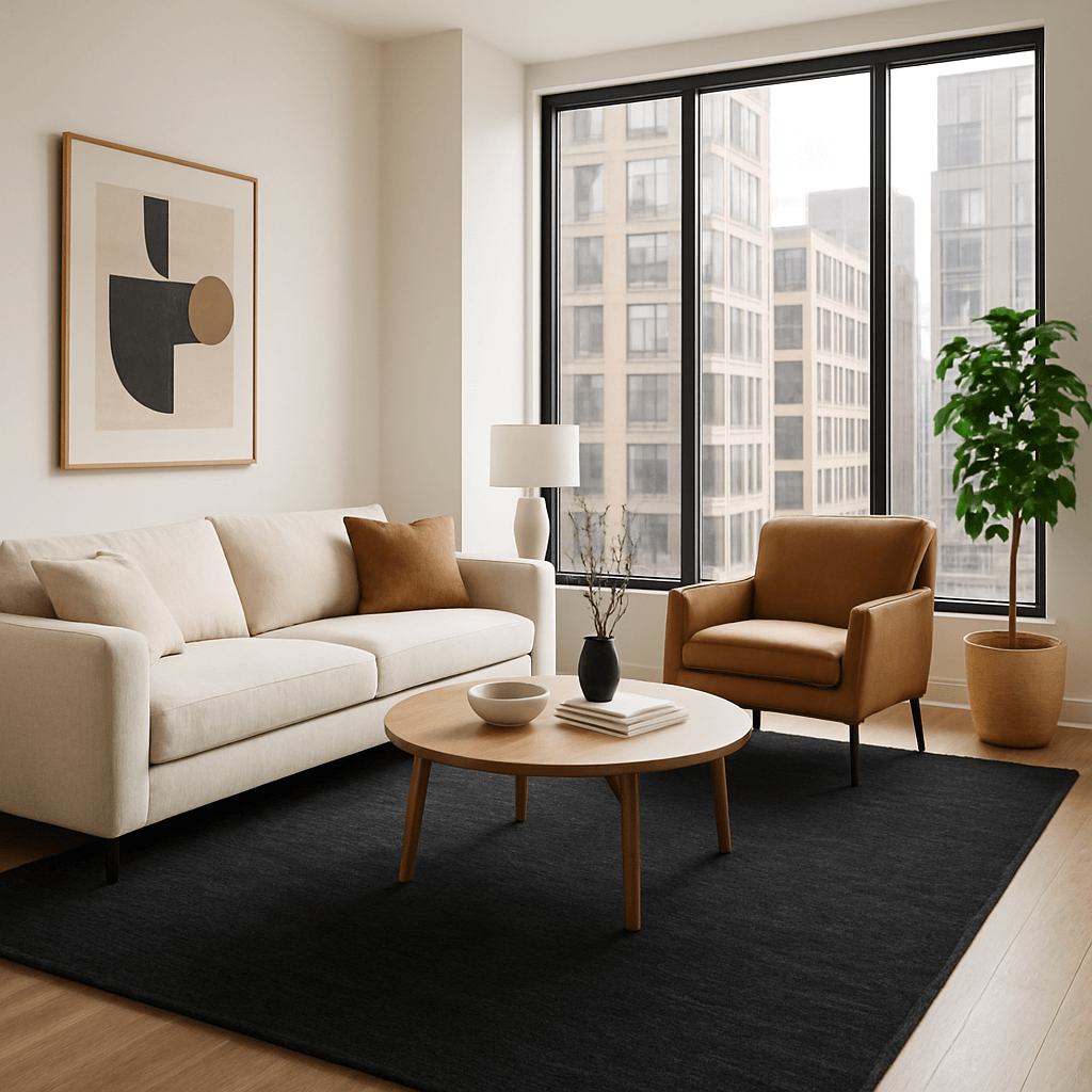 urban apartment with contemporary seating area with black wool area rug