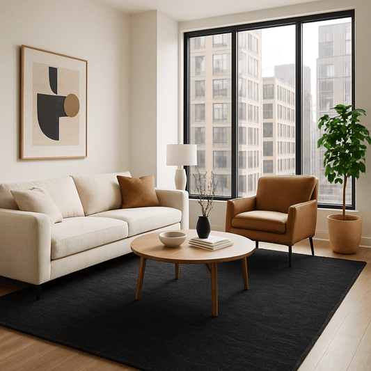 urban apartment with contemporary seating area with black wool area rug