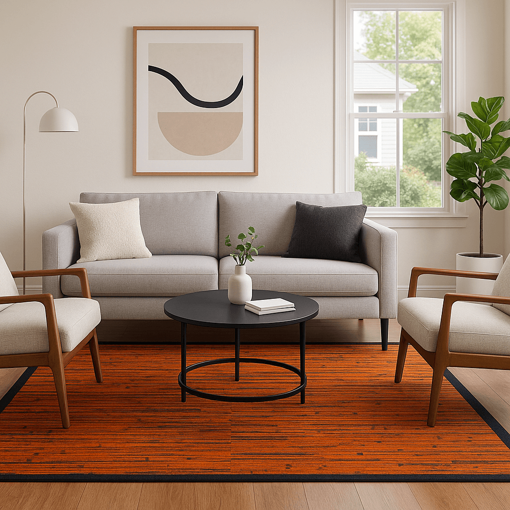 a contemporary, cozy seating area with table, chairs, modern artwork and a mahogany bamboo area rug