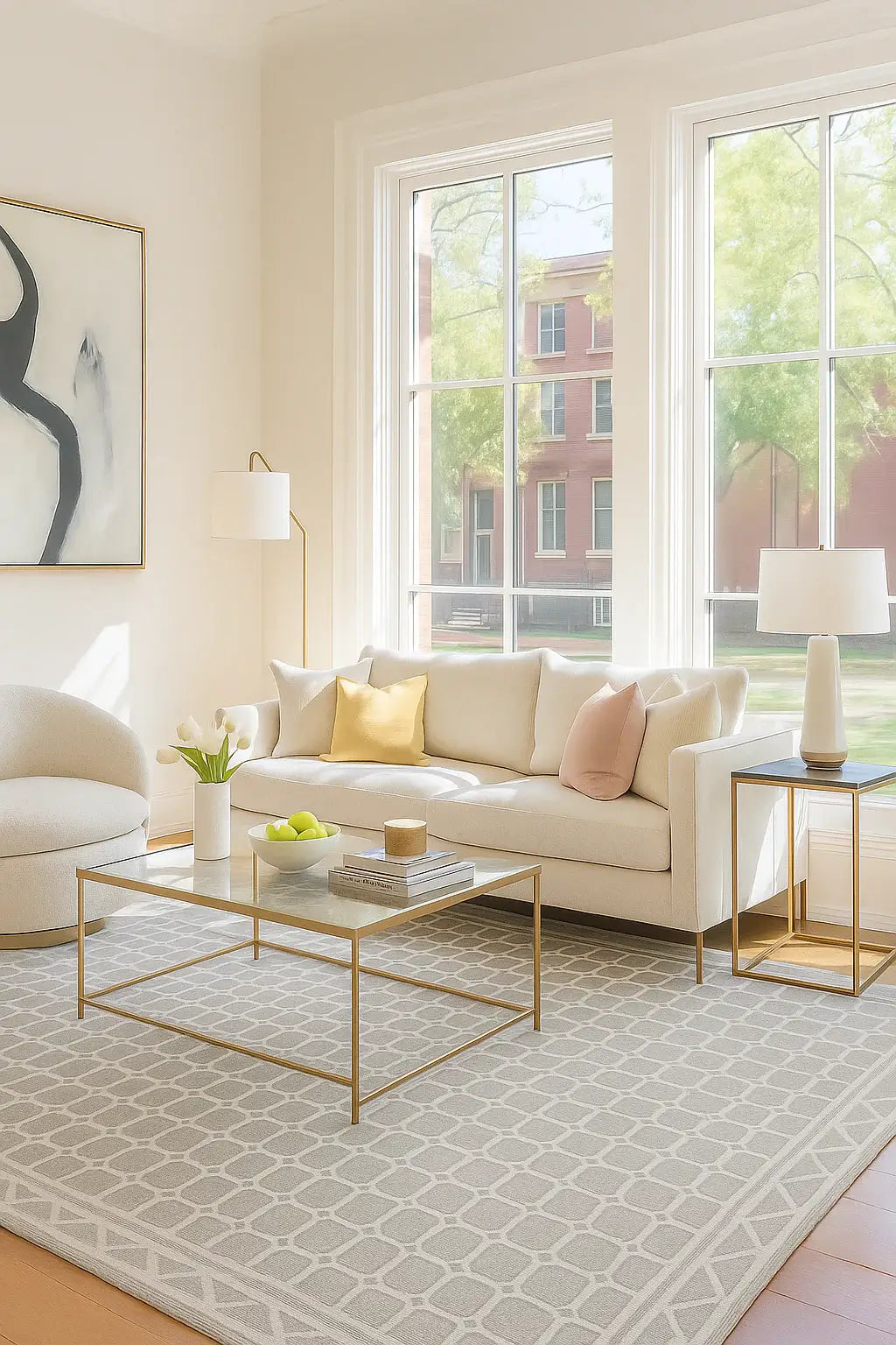 living room with large windows, couch, coffee table, modern art and gray and ivory wool area rug