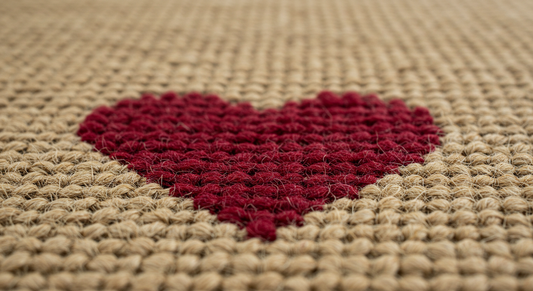 a close up of a hand wove jute rug with a red heart woven into it
