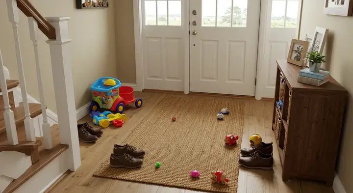 a sunlit foyer with a jute area rug with toys strewn on it 