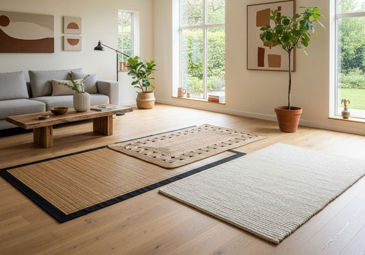modern organic living room with bamboo rug, jute rug and wool rug