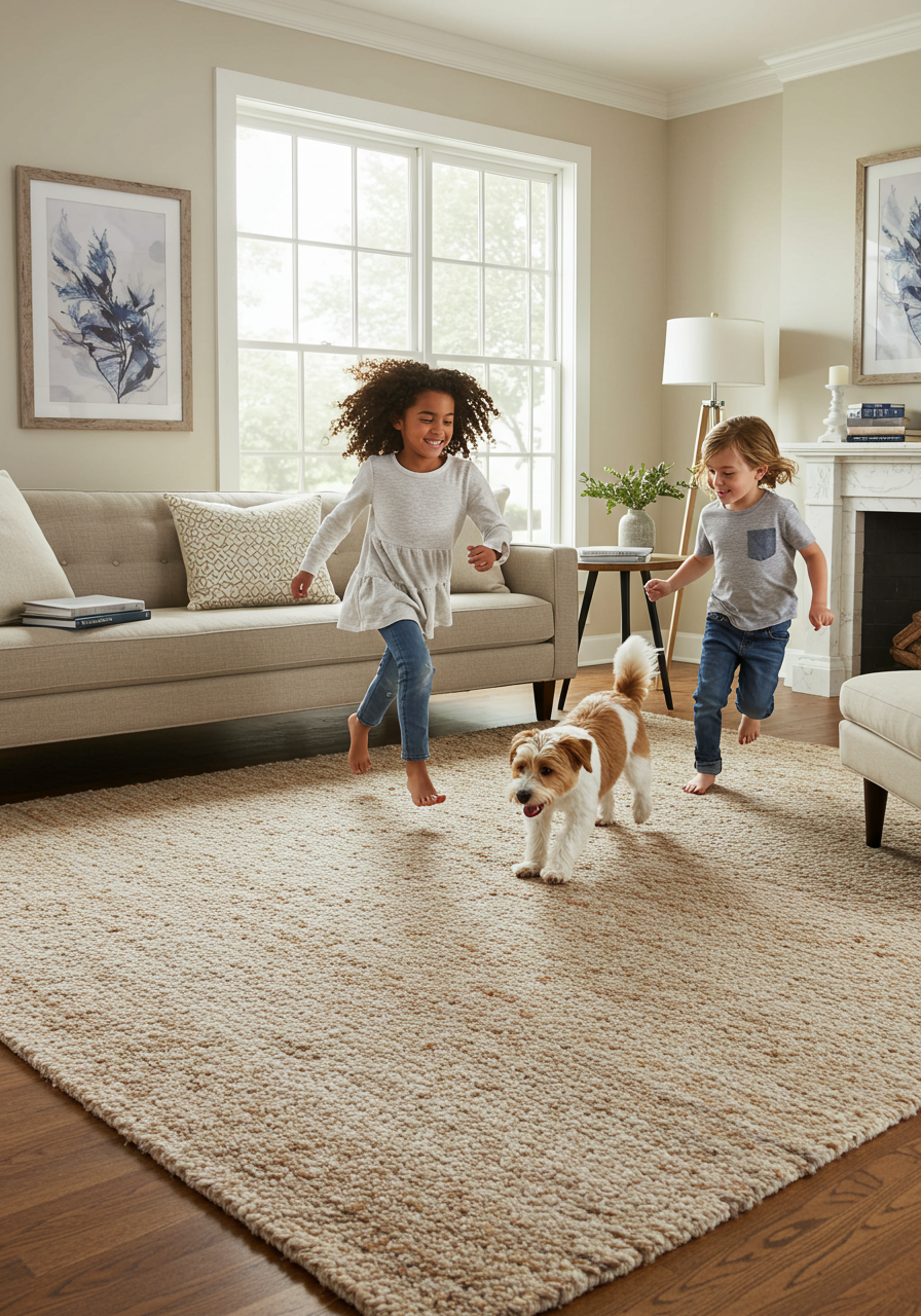 A living room with children and a small dog playing on a jute and wool blend area rug 