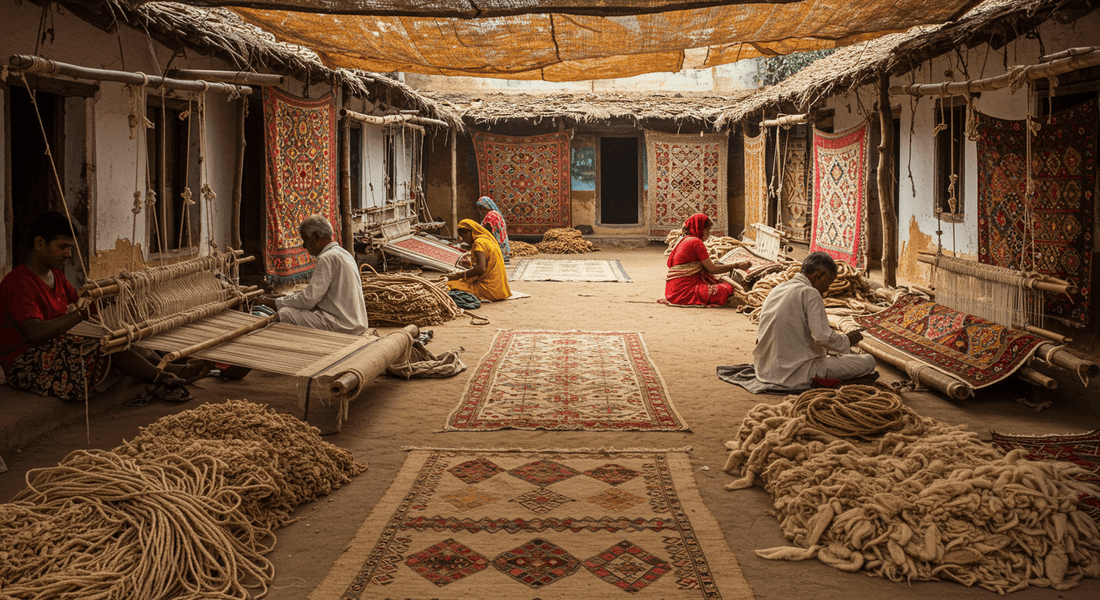 open air market in india where natural rugs area being handcrafted and sold