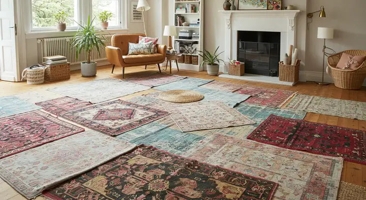 a large living room with area rugs of different colors, patterns, shapes and sizes strewn on the floor 