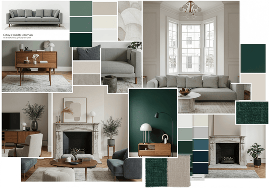 an interior designer mood board for a client living room