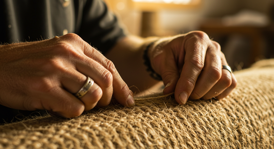 close up of man's hands hand weaving a jute area rug