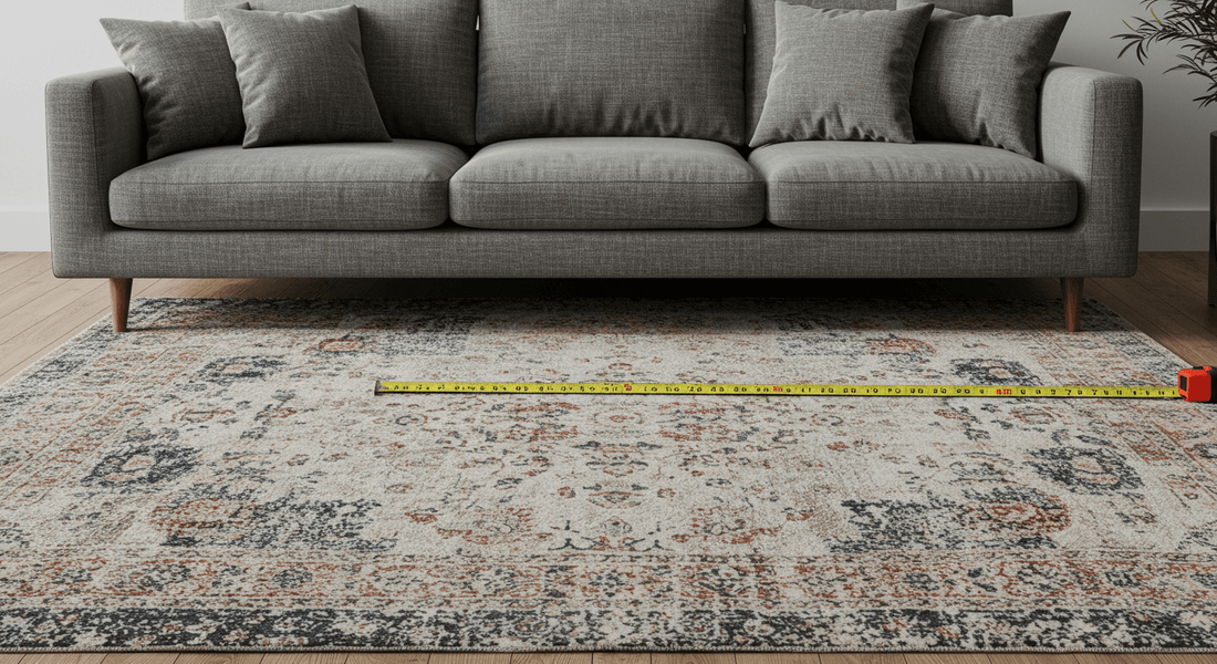 gray velvet couch with area rug with tape measure extended in front of it
