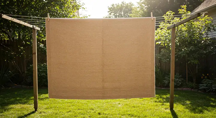 a suburban back yard with green grass and a large natural jute area rug thrown over a clothesline
