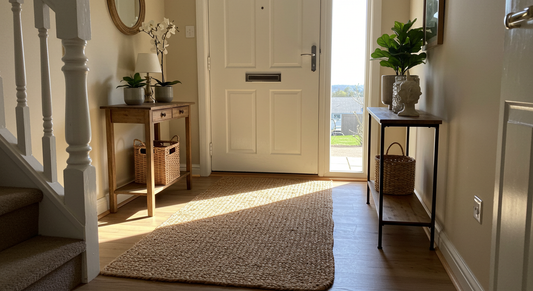 a sunlit foyer with door ajar and a natural area jute area rug in front of it