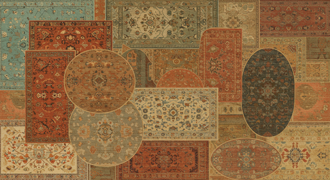a tapestry-llike collage of area rugs in different shapes, sizes and colors