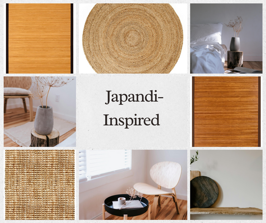 A collage of room scenes and natural jte and bamboo area rugs with the title Japandi-Inspired