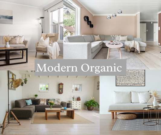 A collage or beautiful modern organic room scenes with natural area rugs with the title Modern Organic