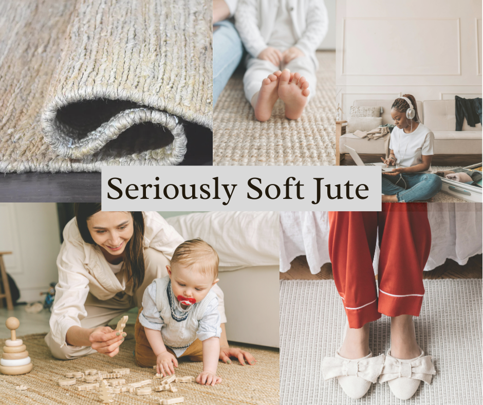 A collage of various people on natural jute area rugs with the title Seriously Soft Jute 