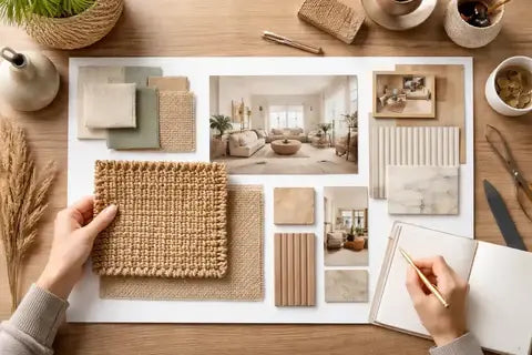 designer considering mood board with jute rug sample 