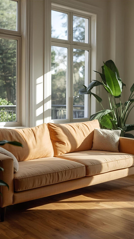 peach velvet couch on bare hardwood floor 