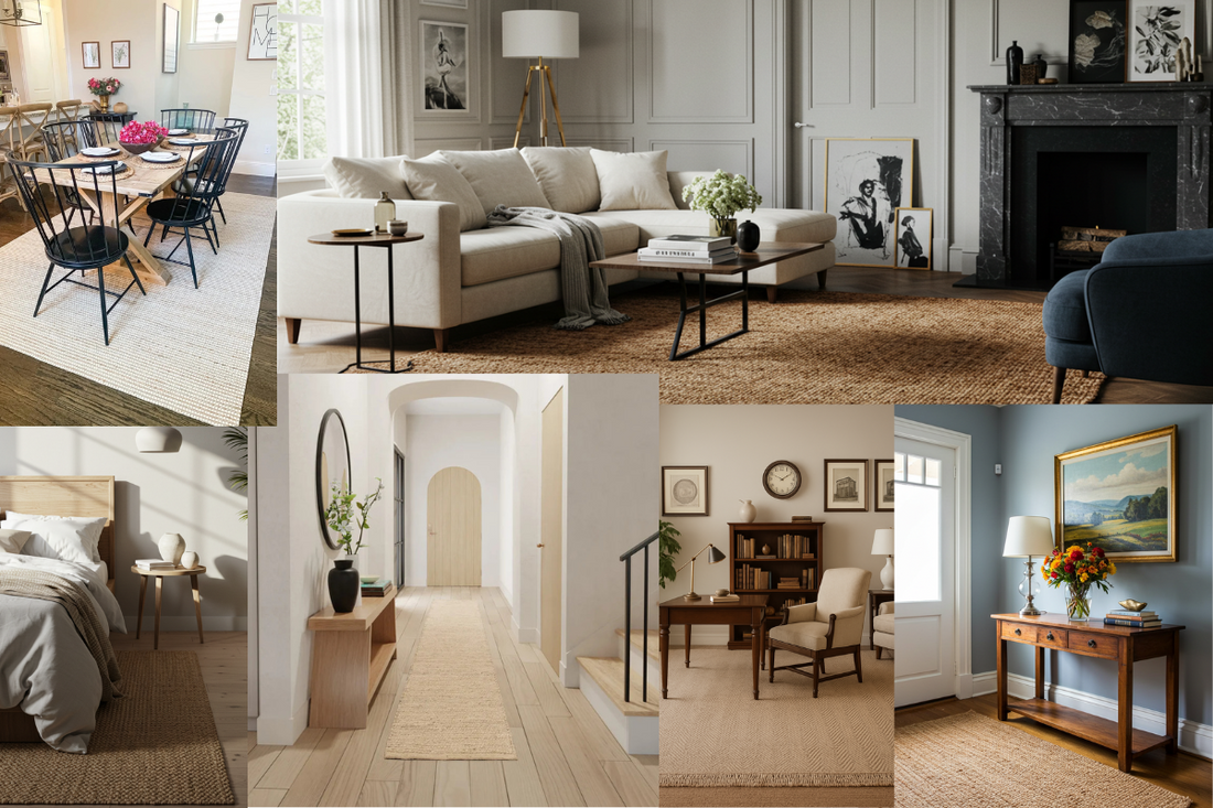 collage of different sized rugs in home room scenes