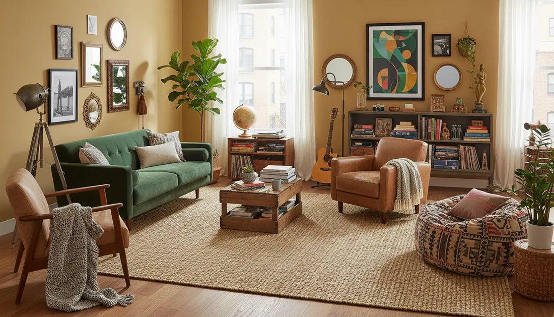 eclectic, colorful living room with jute rug