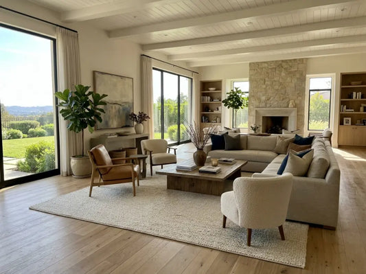 open concept living room with ivory jute rug