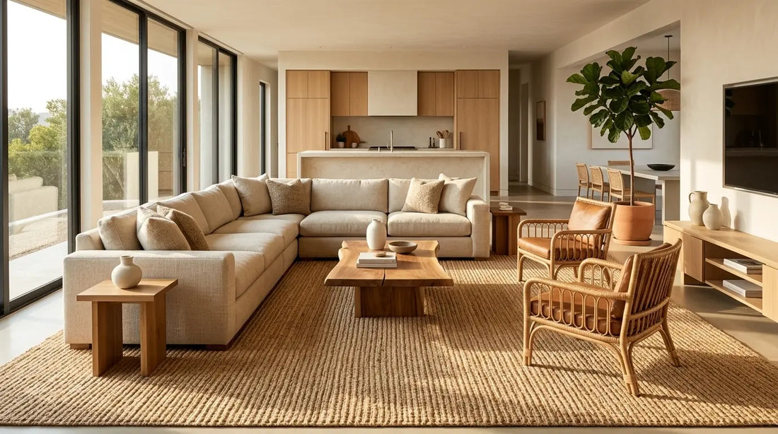 sunny living room on large jute rug 