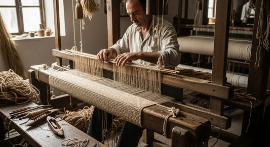 artisan hand weaving a jute rug on a loom