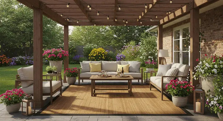 sunlit outdoor seating with bamboo area rug and wooden pergola