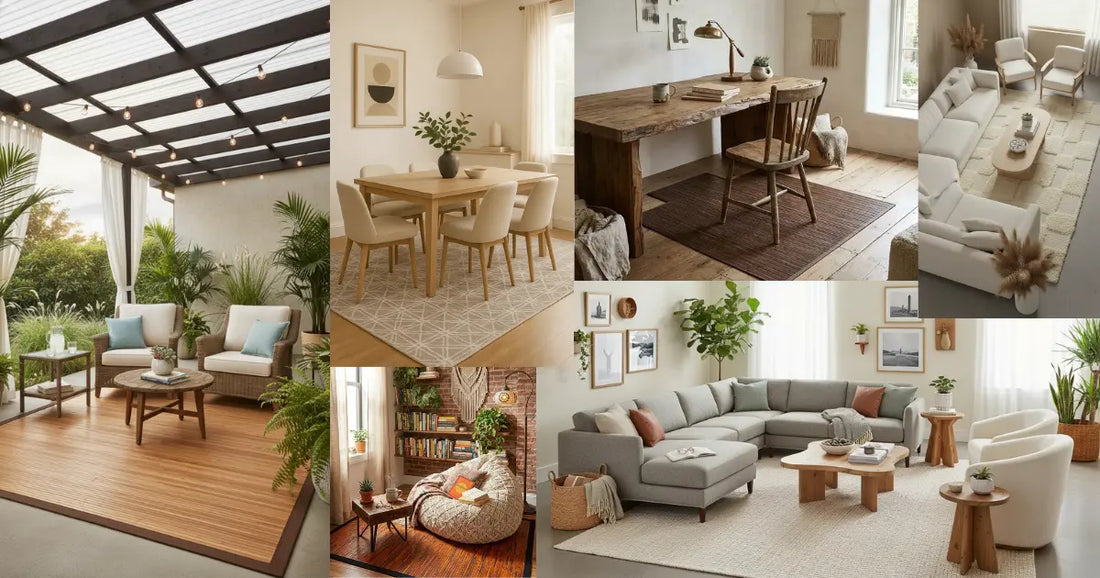 collage of rooms featuring wool and bamboo natural rugs