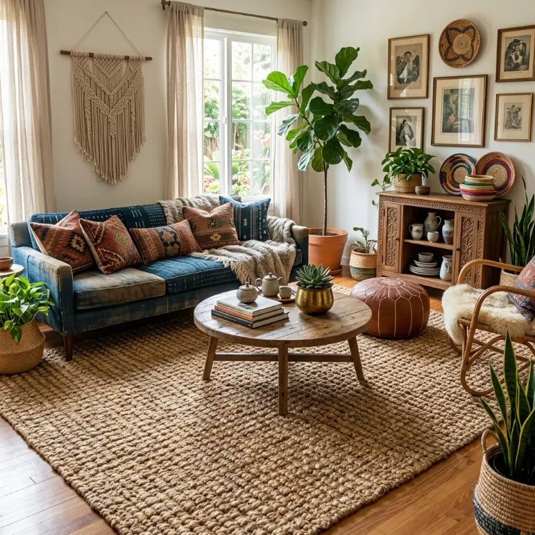 boho living area with teal couch, plants and nubby jute rug