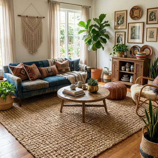 boho living area with teal couch, plants and nubby jute rug