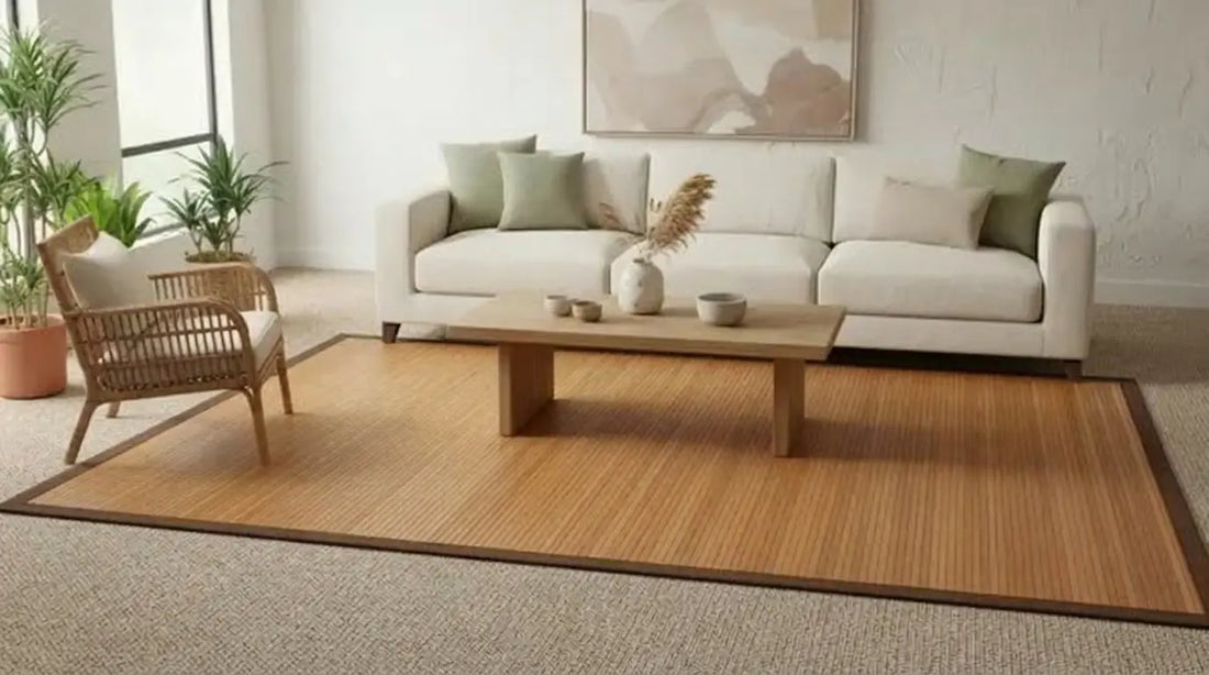 living room with light bamboo rug over wool carpeting