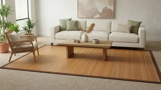 living room with light bamboo rug over wool carpeting