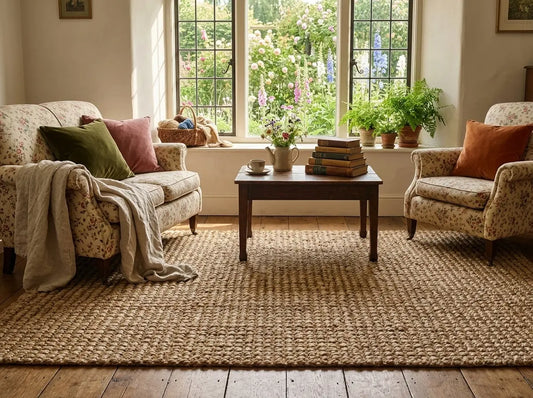 cottage core living room with jute rug and floral chairs