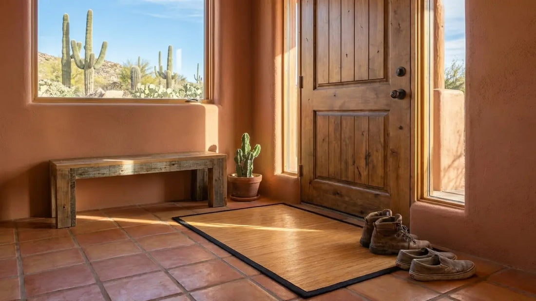 desert home entryway with terra cotta floor and bamboo mat