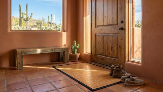 desert home entryway with terra cotta floor and bamboo mat