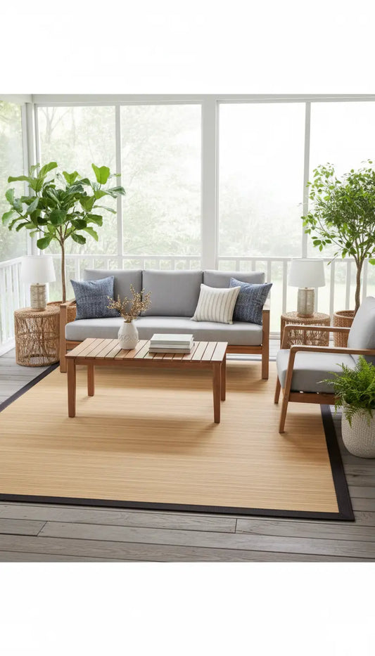 light bamboo rug and upholstered furiture in screened in porch