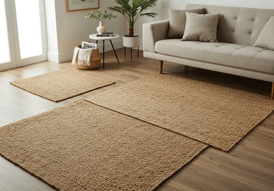 a living room with several size jute rugs overlapped on the floor