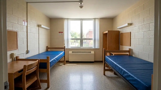empty college dorm room with twin beds with blue vinyl mattress covers