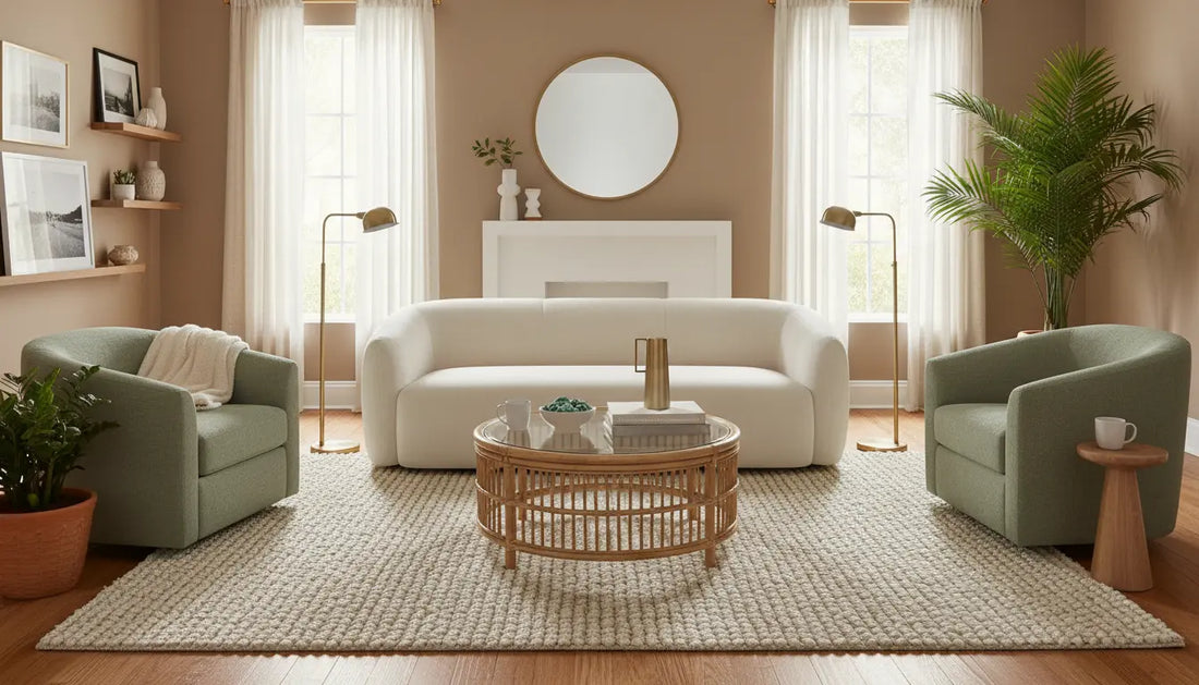 sunny living room with curved furniture and ivory just rug 